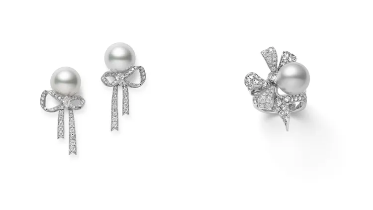 Jeux de Rubans 頂級珠寶系列南洋珍珠鑽石耳環、南洋珍珠鑽戒。品牌提供