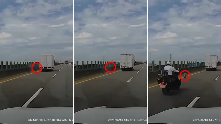 疑似貨車壓中石頭後，石頭反彈射向後方。翻攝自「爆料公社」