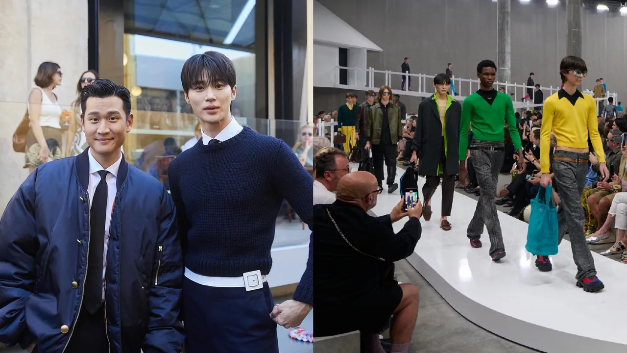 周興哲（左圖左）男裝周秀場，和韓國大勢男星邊佑錫合影，一同欣賞PRADA對當代的真理與虛構、真實與幻覺的概念探討。左圖翻攝周興哲IG、右圖品牌提供