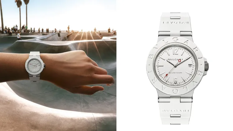 寶格麗Aluminium白色自動腕錶，40mm，鋁合金錶殼，白色錶盤，橡膠錶帶，寶格麗自製自動上鍊機芯B77，動力儲存42小時，防水深度100米。品牌提供