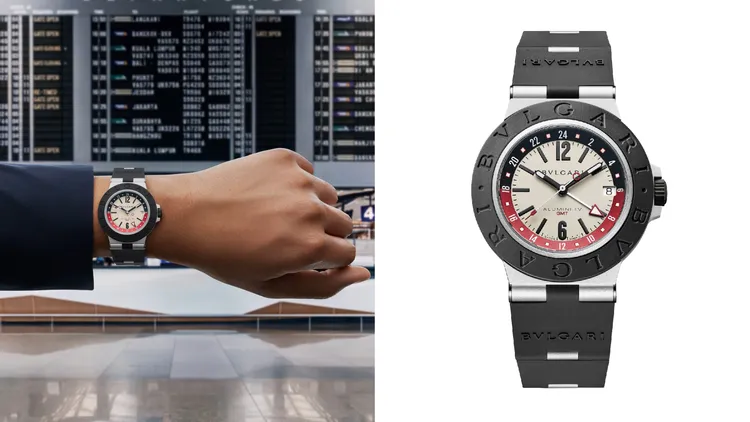 寶格麗Aluminium GMT黑色腕錶，40mm，鋁合金錶殼，白色錶盤，橡膠錶帶，寶格麗自製自動上鍊機芯B192，動力儲存42小時，防水深度100米。品牌提供