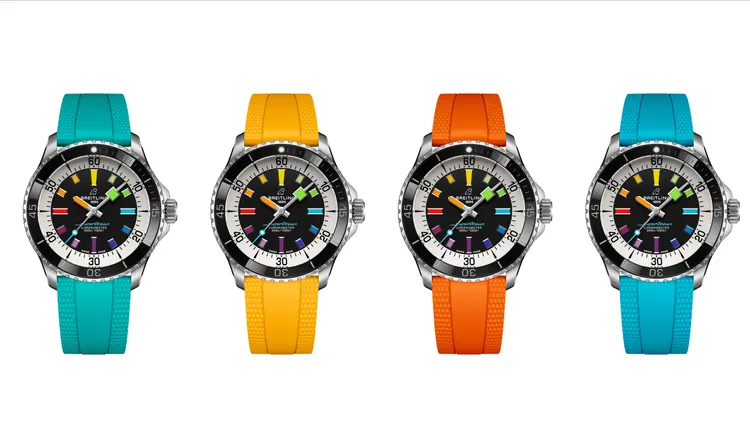 百年靈Superocean超級海洋系列彩虹錶盤腕錶，42mm，精鋼錶殼，黑色錶盤，多色橡膠錶帶，百年靈17型機芯，動力儲存38小時，防水深度300米，各15萬元。品牌提供