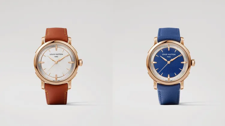  LV全新Escale腕錶，39mm，18K玫瑰金錶殼，銀色/藍色壓印中央錶盤，VVT駝色小牛皮/藍色小牛皮錶帶，Calibre LFT023自動上鍊機械機芯，動力儲存50小時，防水深度50米，各91萬元。品牌提供