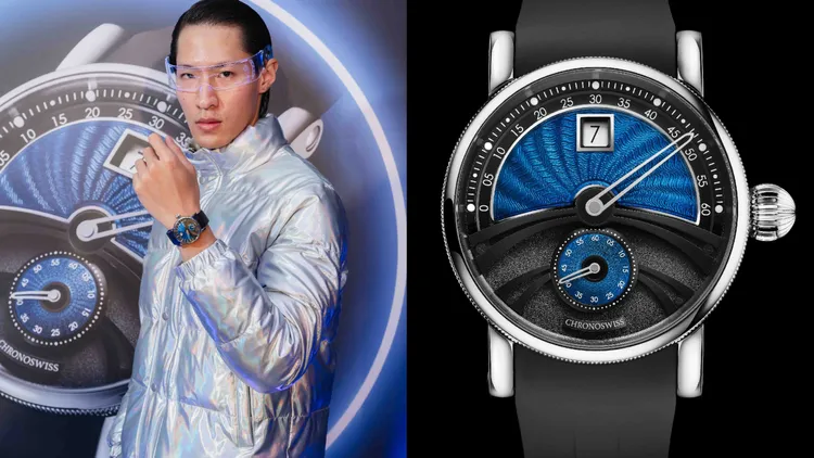 瑞寶德爾菲天行者Delphis Horizon，42mm，5級鈦金屬錶殼，手工機刻雕花錶盤和天藍色大明火琺琅塗層，橡膠錶帶，瑞寶自製自動上鍊機芯 C. 6004，動力儲存55小時，防水深度100米，限量50只。品牌提供