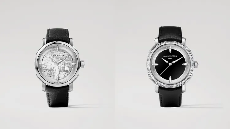 LV全新Escale腕錶，39mm，鉑金錶殼，隕石/縝瑪瑙壓印錶盤，黑色小牛皮錶帶，Calibre LFT023自動上鍊機械機芯，動力儲存50小時，防水深度50米，隕石款122萬元、鉑金鑲鑽款585萬元。品牌提供