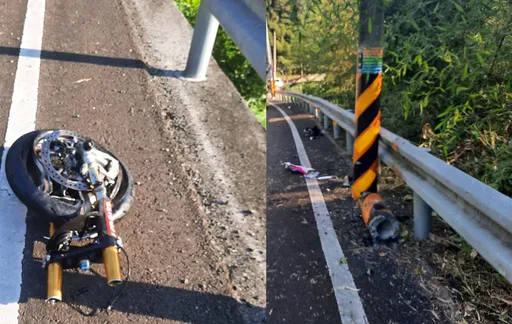 苗栗「絕命彎道」重機撞斷電桿火燒車　前輪噴飛！騎士命大輕傷