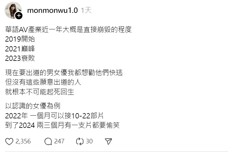 吳夢夢認為華語AV產業已經崩解。翻攝自吳夢夢threads