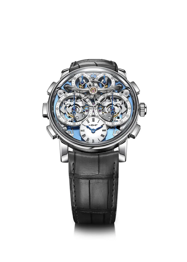 MB&F LM Sequentian Flyback Platinum計時腕錶，鉑金錶殼，天空藍錶盤機板，皮革錶帶，Sequential機芯，755萬元。品牌提供
