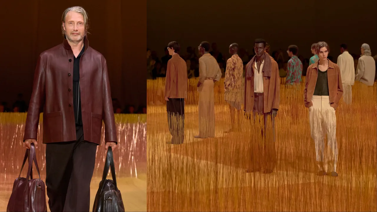 ZEGNA 2025夏季時裝秀請來代言人Mads Mikkelsen（左）走秀。品牌提供