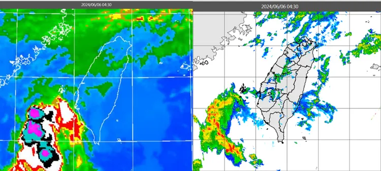 今(6)日4：30紅外線雲圖顯示，鋒面尾端雲系掠過(左圖)，伴隨零星降水回波(右圖)。氣象應用推廣基金會