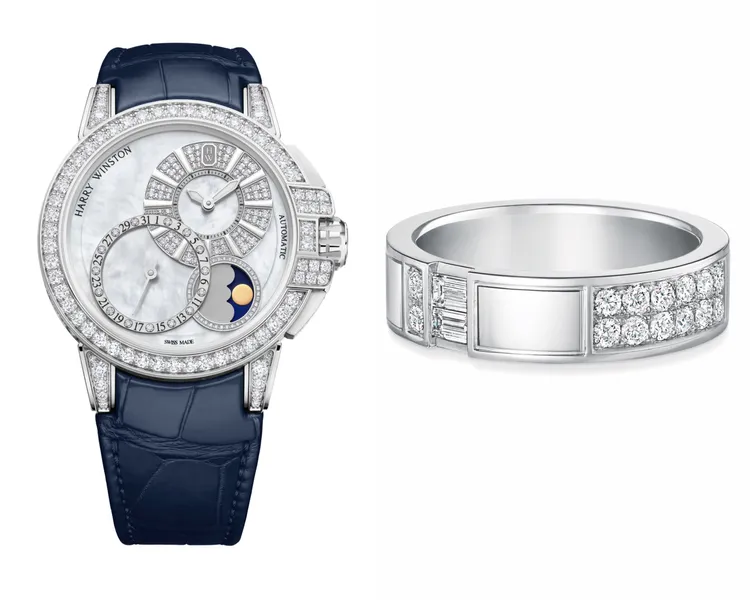 海瑞溫斯頓海洋Ocean系列Date Moon Phase 42毫米自動腕錶（左圖）278萬元、Traffic寬版鑽石戒指（右圖）30萬元。品牌提供