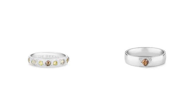 De Beers Talisman系列18K白金鑽石原石細版戒指（左圖）15萬3000元、18K白金單顆鑽石原石戒指5mm（右圖）6萬9000元。品牌提供