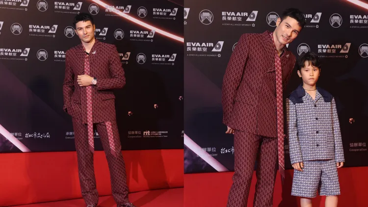 鳳小岳（左）與兒子一同穿GUCCI父子裝，Cluster胸針101萬5000元。攝影中心攝