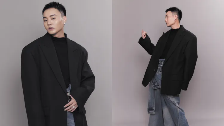 許富凱身著Juun.J服裝搭配De Beers珠寶。品牌提供