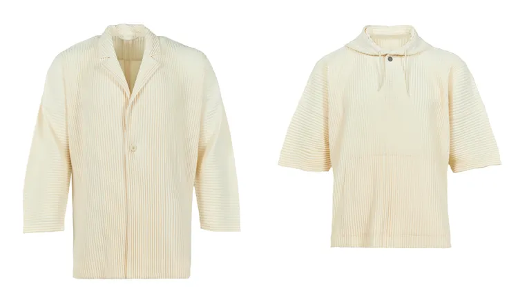 六月季節色標準領鈕釦外套（左）2萬2800元、六月季節色連帽五分袖上衣1萬4300元。品牌提供