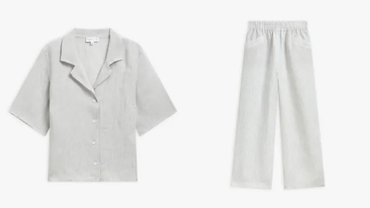 麻質短袖襯衫（左）9580元、麻質條紋闊身長褲（右）1萬4580元。品牌提供