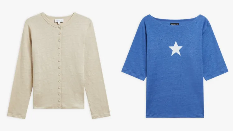 亞麻布12 ans開襟外套（左）7980元、亞麻平紋針織印花New Bow T恤（右）4980元。品牌提供