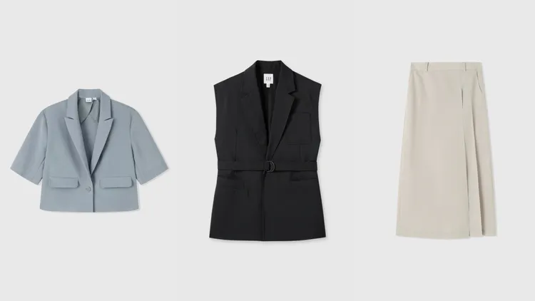 女裝短版翻領短袖西裝外套（左起）2299元、翻領背心外套1999元、A字長裙1999元。品牌提供