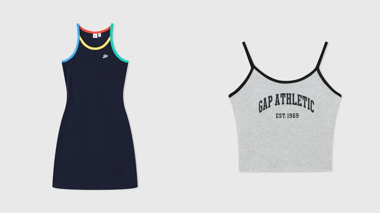 女裝Logo圓領吊帶洋裝（左）1499元、Logo印花圓領吊帶背心999元。品牌提供