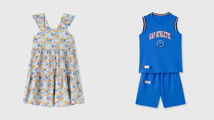 女童裝方領無袖洋裝（左）1299元、男童裝Logo印花圓領無袖短褲家居套裝1299元。品牌提供