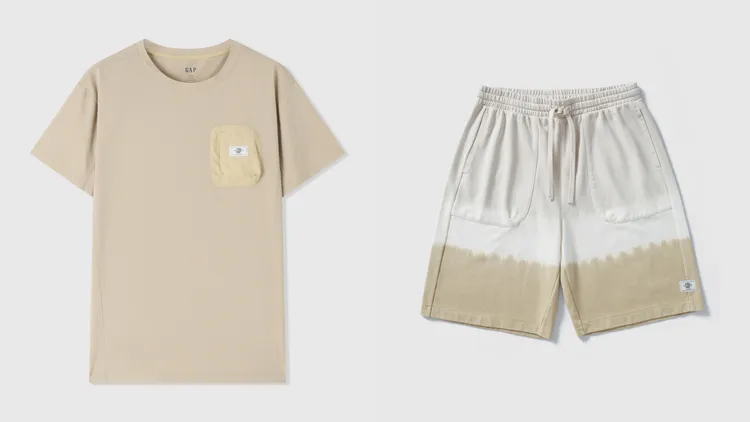 男裝圓領短袖T恤（左）999元、抽繩鬆緊短褲1699元。品牌提供
