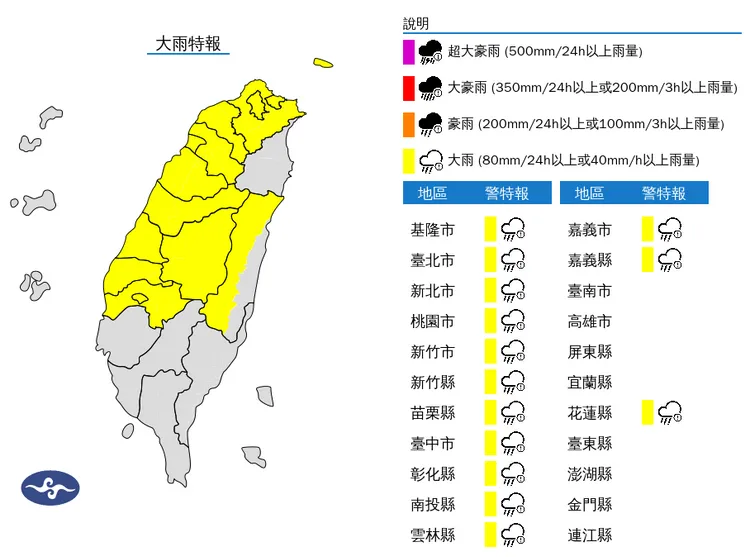 氣象署今（25）日下午針對「全台14縣市」發布大雨特報。中央氣象署