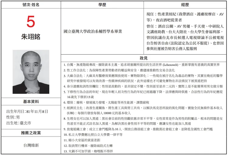 曾參選立委的朱翊銘，當時主張「火鍋不可加芋頭，咖哩飯不得拌」引起話題。翻攝自台北市選舉公報