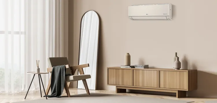 LG ARTCOOL潮酷系列變頻空調推出霧面米、鏡面黑兩款美型色系，以簡約的韓系風格打造時尚有型的室內空間。LG提供。