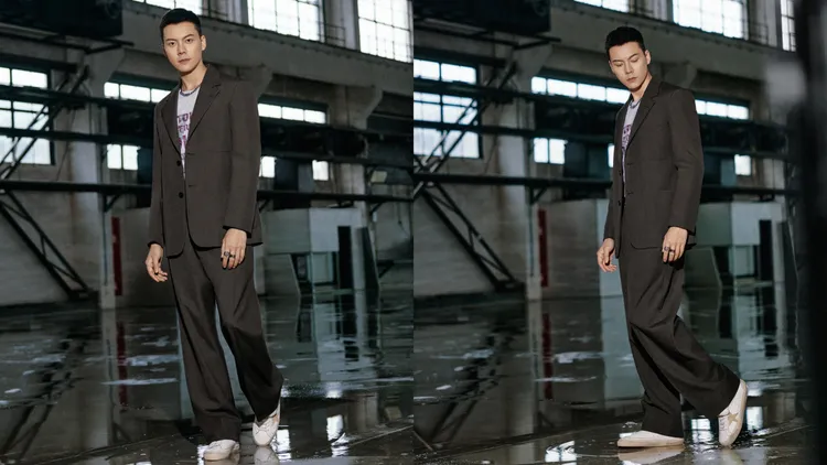 陳偉霆以灰色西裝套裝搭配黃色絨面革星星圖案的Super-Star。品牌提供