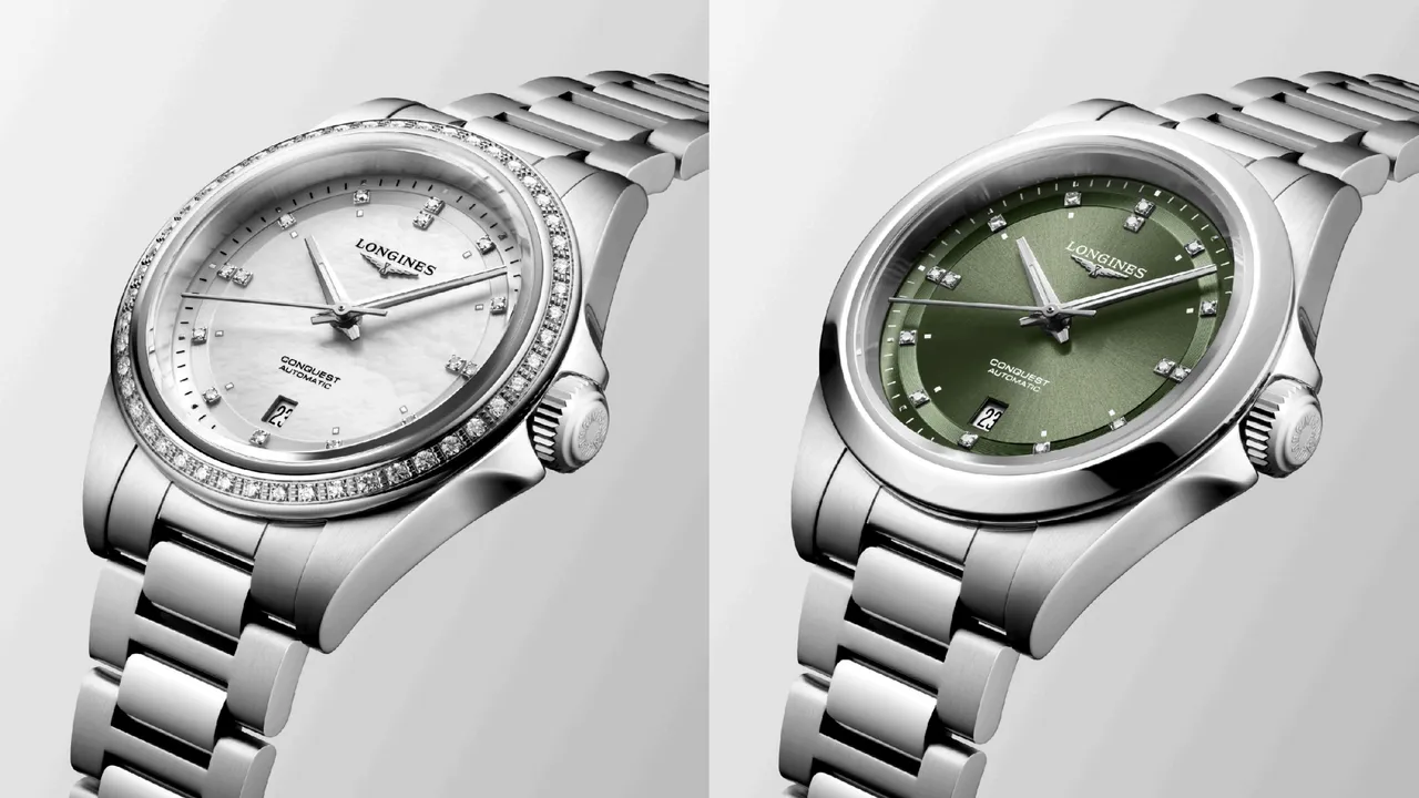 浪琴全新Conquest征服者系列30mm珍珠母貝鑲鑽腕錶(左)13萬8000元、30mm綠色點鑽腕錶(右)8萬6000元