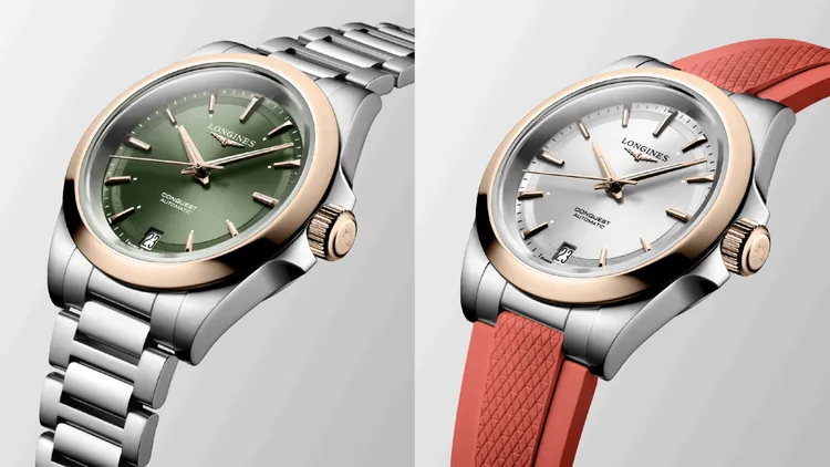 浪琴全新Conquest征服者系列34mm綠面雙金材質不銹鋼鏈帶腕錶（左）10萬2100元、34mm雙色金屬搭配紅色橡膠錶帶腕錶（右）9萬8500元。品牌提供