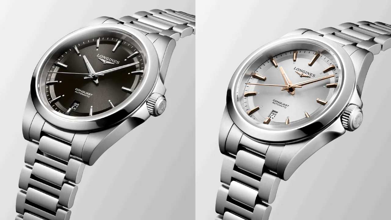 浪琴全新Conquest征服者系列38mm黑色面盤搭配不鏽鋼鍊帶腕錶(左)6萬9900元、30mm腕錶(右)6萬9900元。品牌提供