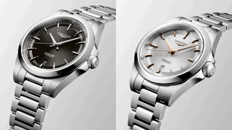 浪琴全新Conquest征服者系列38mm黑色面盤搭配不鏽鋼鍊帶腕錶（左）6萬9900元、30mm腕錶（右）6萬9900元。品牌提供