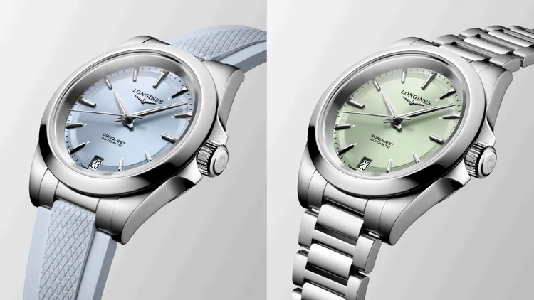 浪琴全新Conquest征服者系列34mm冰心藍橡膠錶帶（左圖）6萬6300元、薄荷綠不銹鋼鏈帶腕錶（右圖）6萬9900元。品牌提供