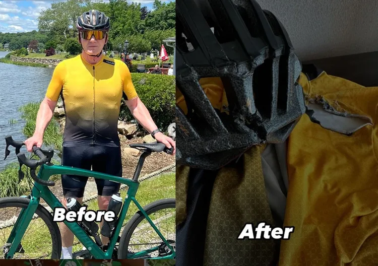 英國名廚「地獄廚神」高登拉姆齊發生意外前的英姿照（左圖）與發生意外後的破碎安全帽。翻攝X@Gordon Ramsay