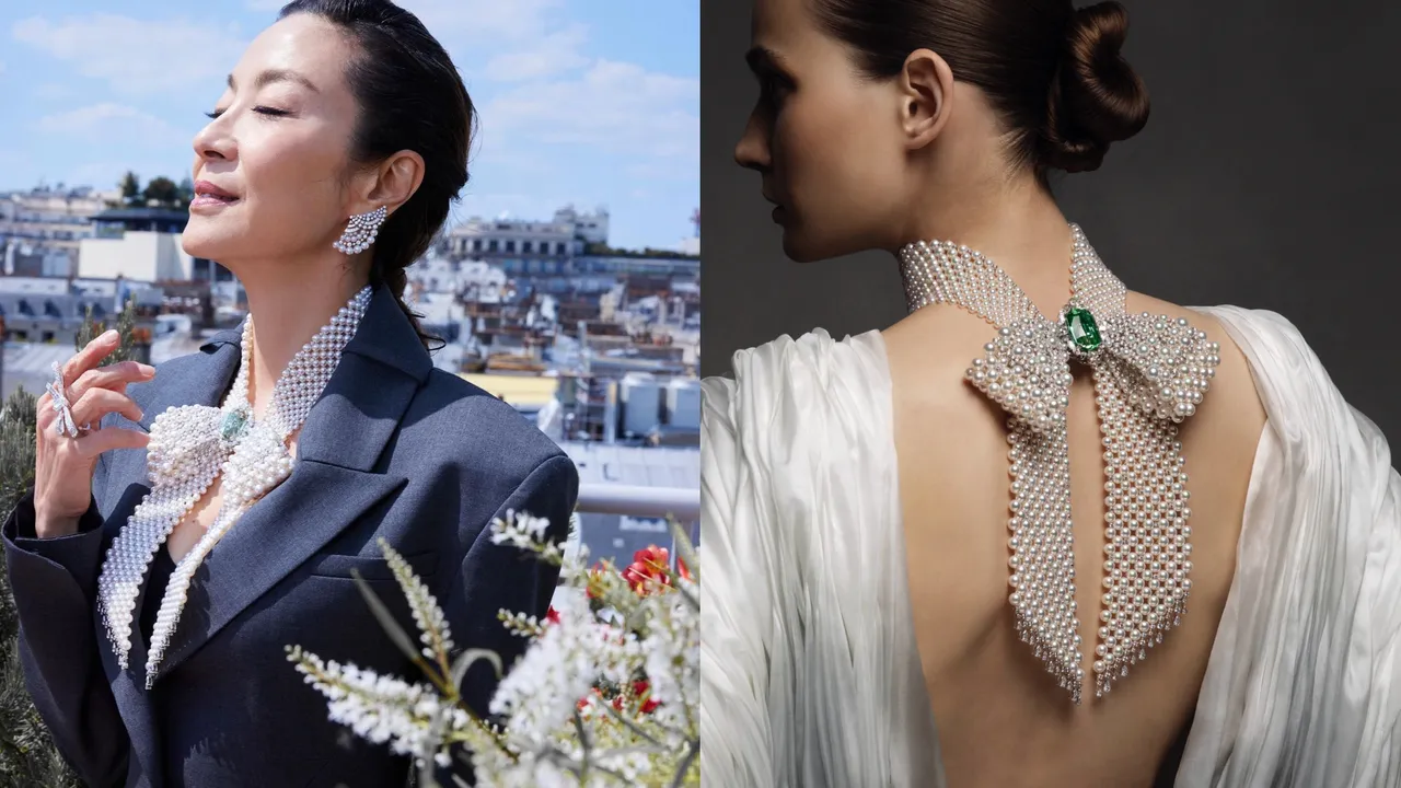 奧斯卡影后楊紫瓊戴上MIKIMOTO The Bows頂級珠寶的焦點之作。左圖翻攝楊紫瓊IG、右圖品牌提供