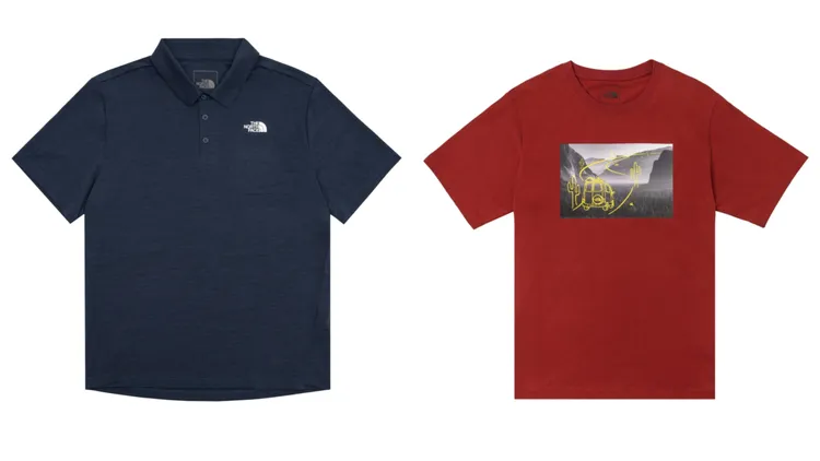 男款UPF吸濕排汗防曬舒適透氣休閒短袖POLO衫（左）3880元、純棉手繪露營車印花寬鬆短袖T恤1980元。品牌提供
