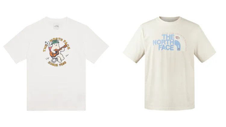 男女款背面戶外露營可愛小熊印花休閒短袖T恤（左）、純棉品牌可愛LOGO印花短袖T恤，各1780元。品牌提供