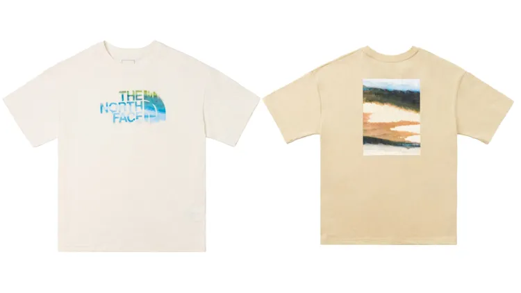 女款純棉戶外印花結合品牌標誌寬鬆短袖T恤（左）、水彩風景印花短袖T恤，各1980元。品牌提供