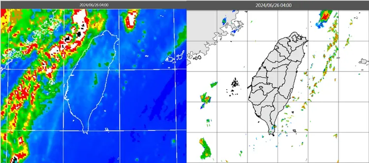 今(26日)晨4時紅外線色調強化雲圖顯示，台灣大致晴朗，台灣海峽有高空卷雲(左圖)。4時雷達回波合成圖顯示，巴士海峽及東南部有零星回波移入(右圖)。氣象應用推廣基金會