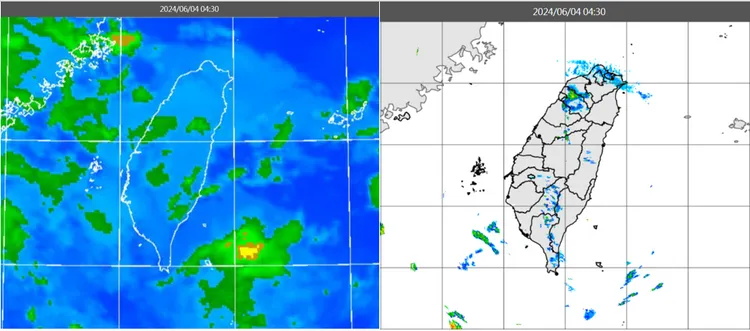 今(4)日4：30紅外線雲圖顯示，鋒面南移至呂宋島、強度減弱，台灣上空的殘餘雲層消散中(左圖)，北部的弱降水回波亦逐漸消散(右圖)。氣象應用推廣基金會