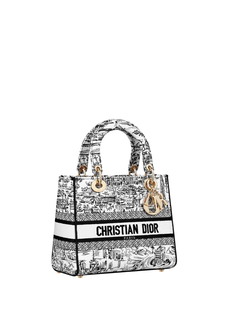 Dior Lady D-Lite 白色棉布黑色 Paris All Over 刺繡中型提包，18萬元。翻攝官網