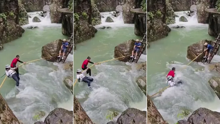 一名女山友在越溪時腳滑，將男同伴也拉倒。翻攝自X