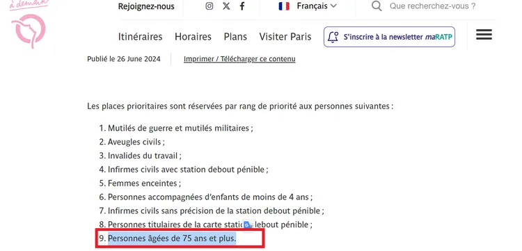 巴黎大眾運輸公司（RATP）明確規定優先席使用順序，75歲以上長者是最後的第9順位（紅框）。翻攝巴黎大眾運輸公司官網