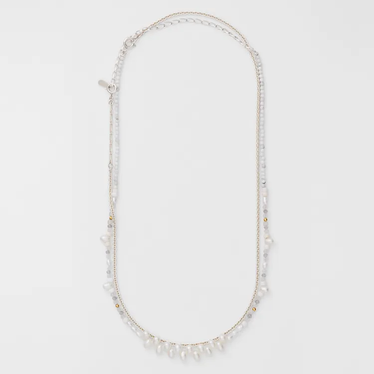 SV、菱鎂礦、淡水珍珠、月光石、拉長石（灰色&白色）、玉髓（白色）項鍊套組，1萬2300元。品牌提供。