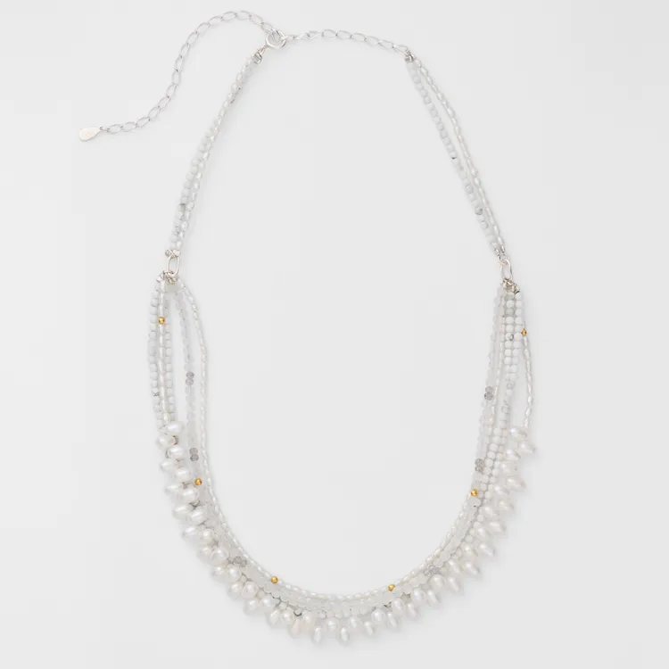 SV、菱鎂礦、淡水珍珠、月光石、拉長石（灰色）項鍊，1萬5400元。品牌提供