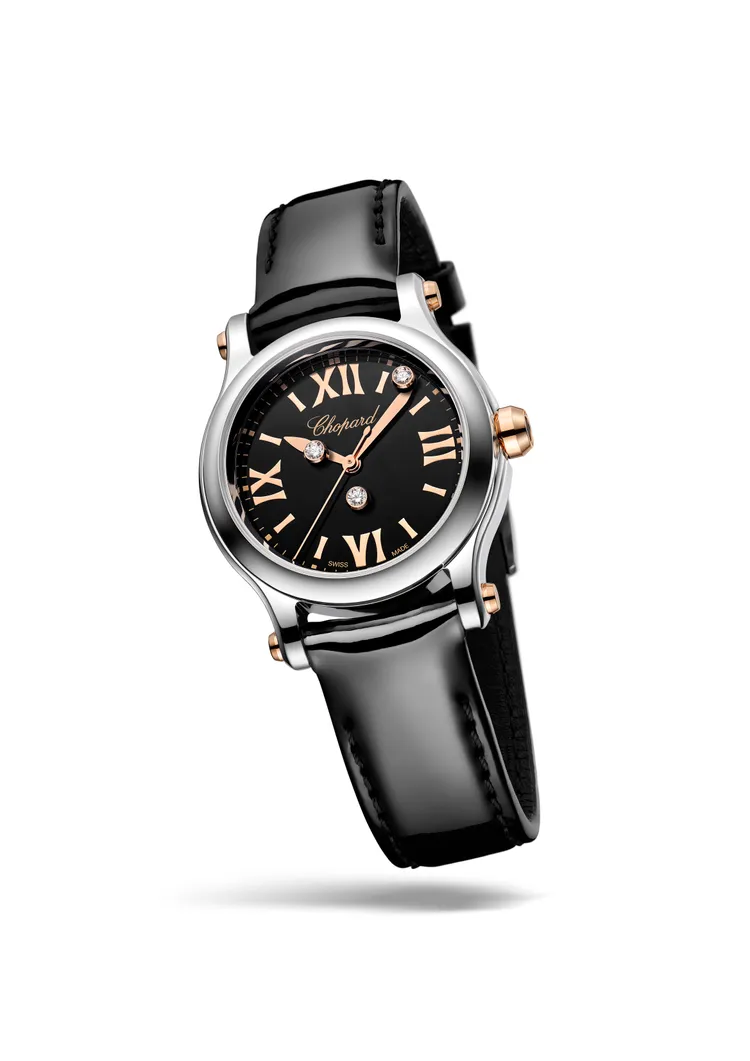 Happy Sport系列腕錶，30mm，
Lucent Stee精鋼和符合倫理道德標準的18K玫瑰
金腕錶，石英機芯，19萬3000元。品牌提供