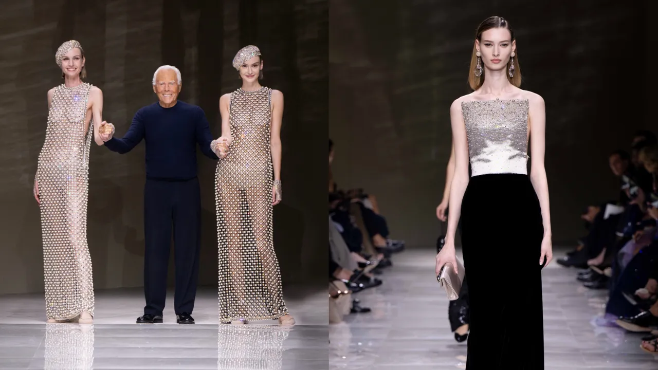 今年7月將滿90歲的Armani先生（左圖中）神采奕奕為GA 2024/25高訂大秀謝幕。品牌提供