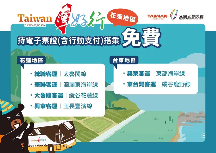 期間搭乘台灣好行花東地區6條路線免費。觀光署提供