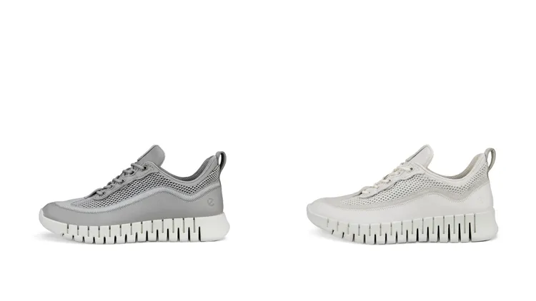 皮革拼接織物防水運動休閒鞋水泥灰（左）8380元、白色（右）7980元。品牌提供